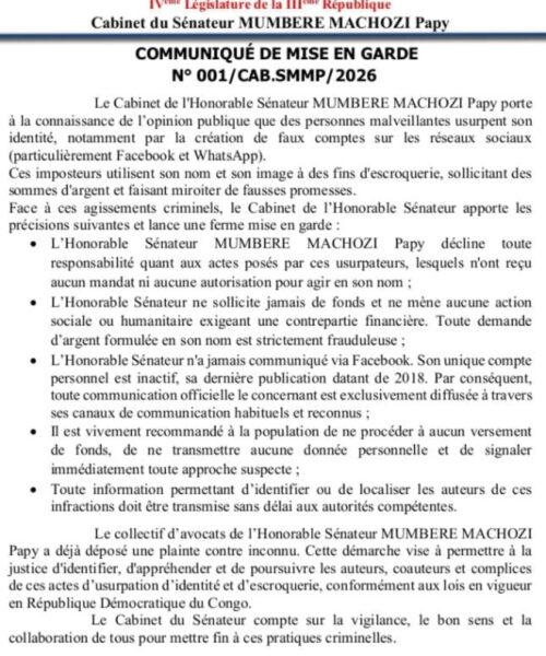 Usurpation d&rsquo;identité : le sénateur Papy Machozi met en garde contre une vaste escroquerie en ligne
