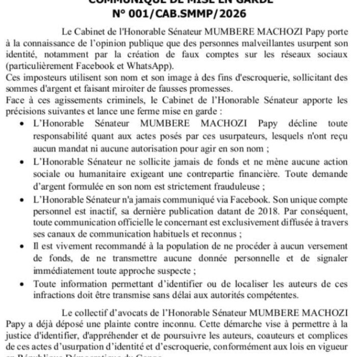 Usurpation d&rsquo;identité : le sénateur Papy Machozi met en garde contre une vaste escroquerie en ligne