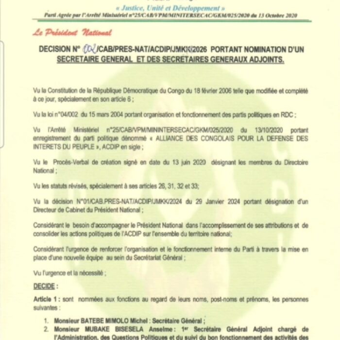 Parti politique ACDIP : Jonas Kasimba nomme Michel Batebe Mimolo au poste de secrétaire général et réorganise la direction de l&rsquo;ACDIP