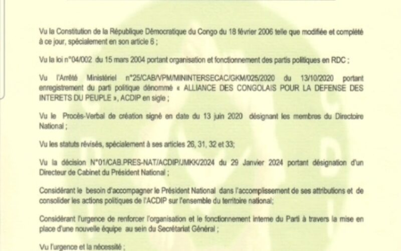 Parti politique ACDIP : Jonas Kasimba nomme Michel Batebe Mimolo au poste de secrétaire général et réorganise la direction de l&rsquo;ACDIP
