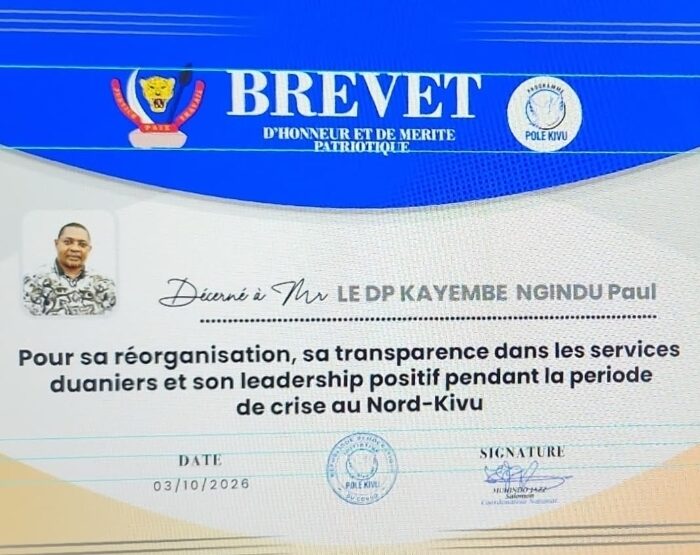 Nord-Kivu : Kayembe Ngindu Paul, directeur provincial de la DGDA honoré pour son leadership et la réorganisation des services douaniers en période de crise
